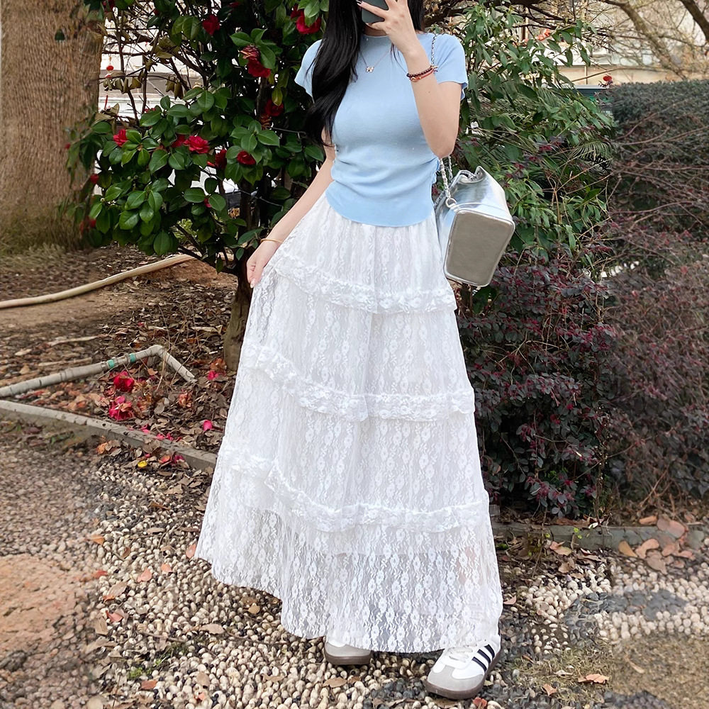 白色蕾丝半身裙女夏季2026新款高腰a字网纱长裙小个子夏天蛋糕裙