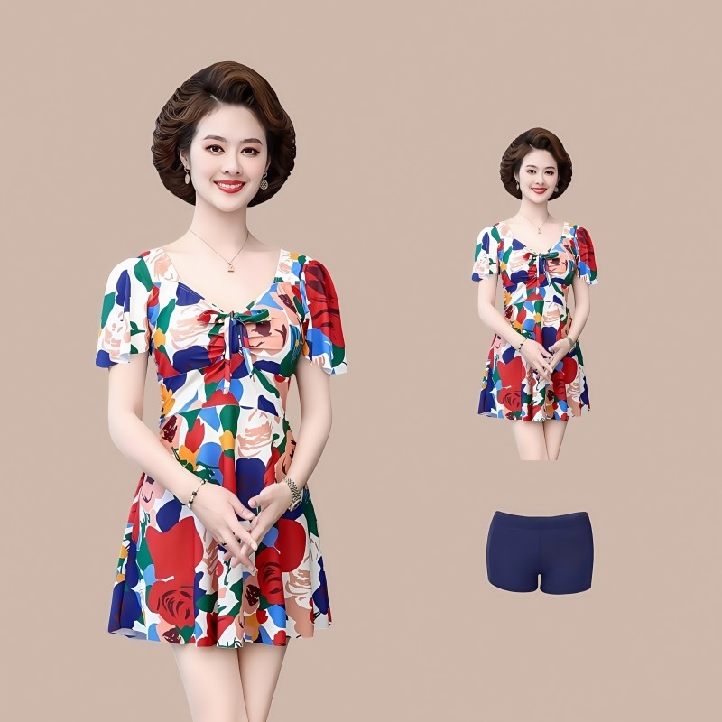 泡温泉中老年游泳衣女妈妈款加肥大码分体保守宽松裙式女士游泳装