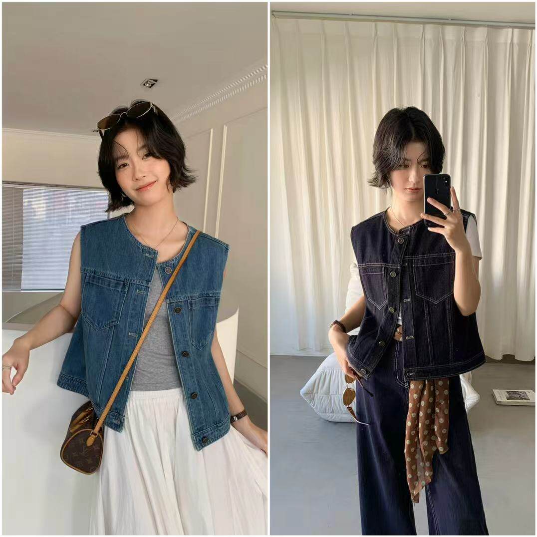 2026新款外贸单圆领无袖牛仔马甲女宽松显瘦休闲百搭上衣MH10