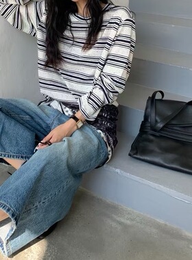 2026新款外贸单圆领长袖条纹T恤女宽松显瘦休闲百搭上衣Zn22020