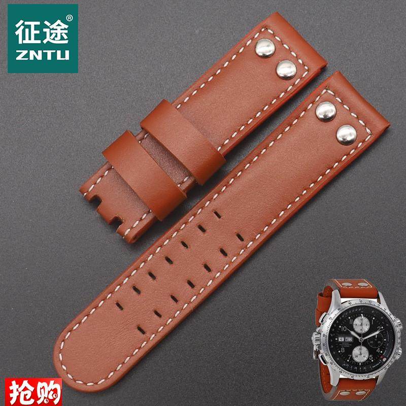 手工汉密尔顿牛皮表带汉米尔顿x卡其野战手表带男表链棕红色22mm