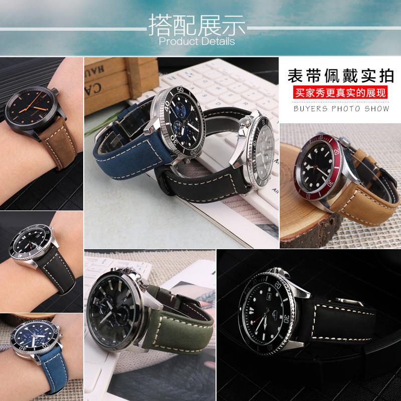 通用复古磨砂牛皮手表带适s配天梭天王卡西欧万国手表男真皮表链2