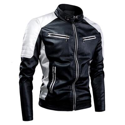 2026跨境春秋季休闲机车拼接皮夹克男时尚立领复古保暖皮夹克