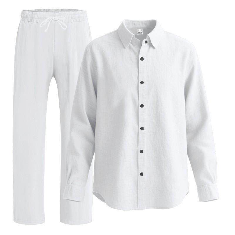 26跨境独立站美式四季亚麻男士休闲宽松沙滩防晒长袖衬衫长裤套装