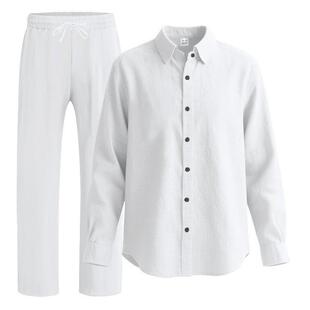 26跨境独立站美式四季亚麻男士休闲宽松沙滩防晒长袖衬衫长裤套装