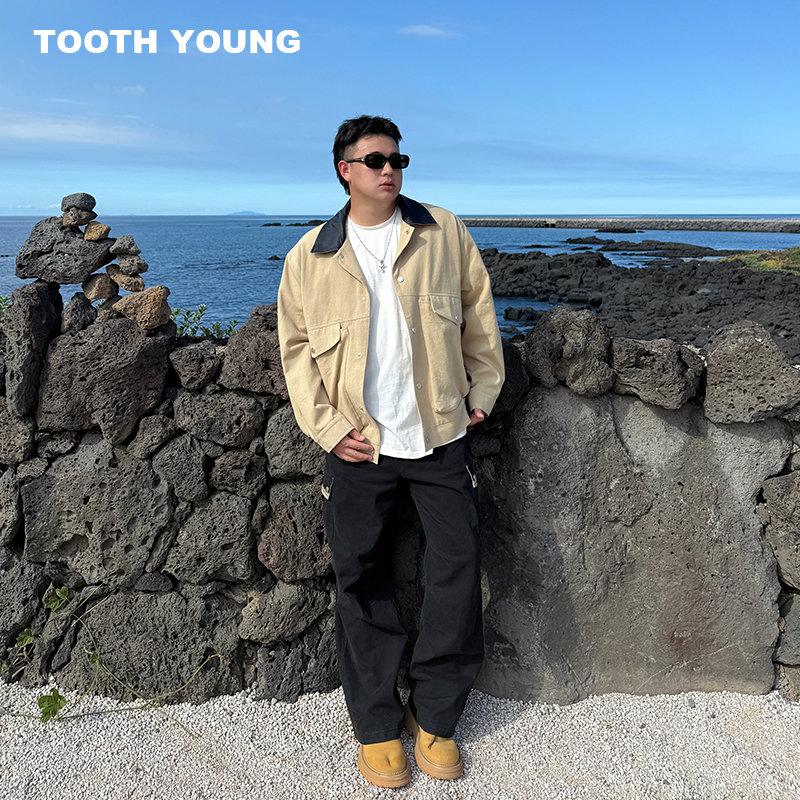 郑一爱穿搭【帅气学长】工装翻领秋季宽松男士拼色休闲大码夹克