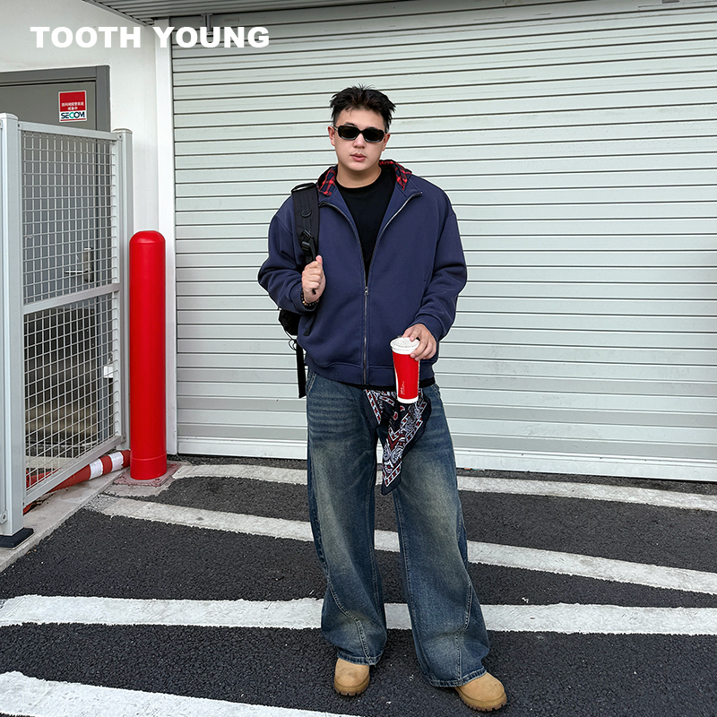 郑一爱穿搭【加州旅馆】400g男生秋季新品拼色格纹连帽开衫卫衣