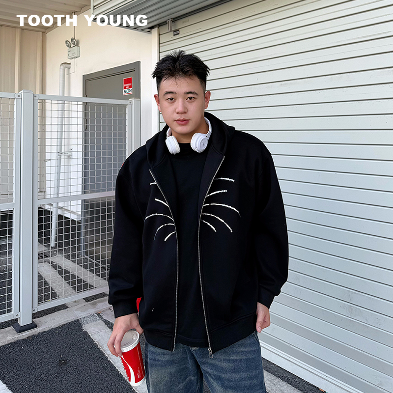 郑一爱穿搭【小猫卫衣】400g秋冬男休闲宽松连帽开衫