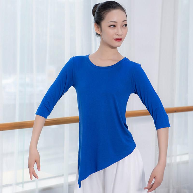 新现代舞练功服上衣瑜伽古典舞广场舞演出服斜角开叉中袖莫代