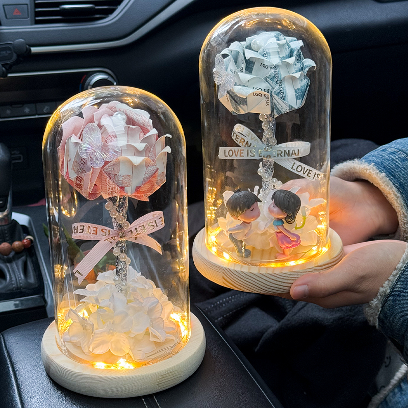 创意diy手工自制土豪有钱花玫瑰永生花玻璃罩材料包生日礼物仪式