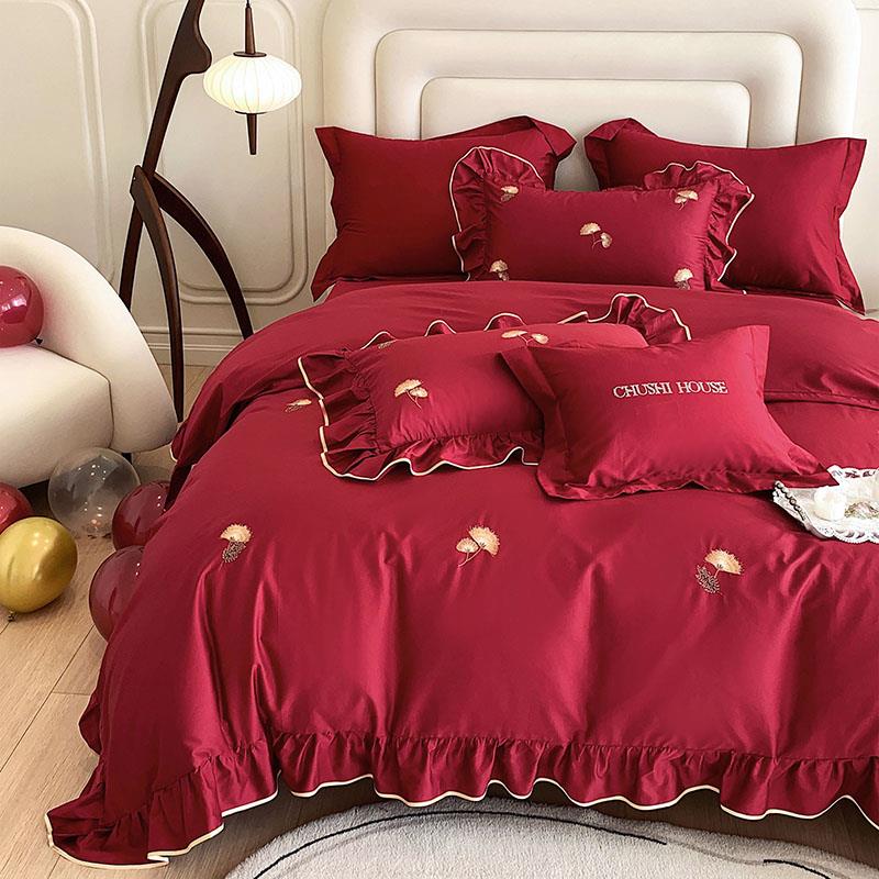 140s长绒棉婚庆大红色四件套结婚陪嫁全棉刺绣床单被套1.8/2.0m床