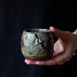 粗陶茶具茶杯中式 碌心 复古风品茗杯手工捏花莲蓬造型主人杯茶具