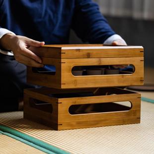 双层收纳柜 竹制置物架中式复古收纳盒家用茶具茶道储物柜