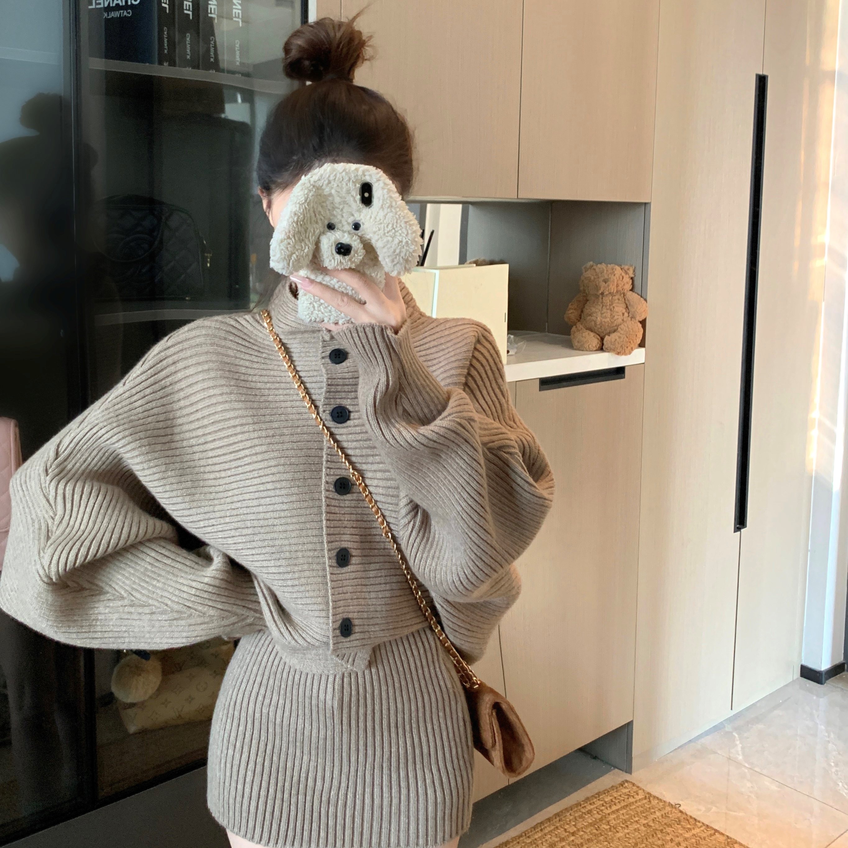高领针织毛衣套装裙子女