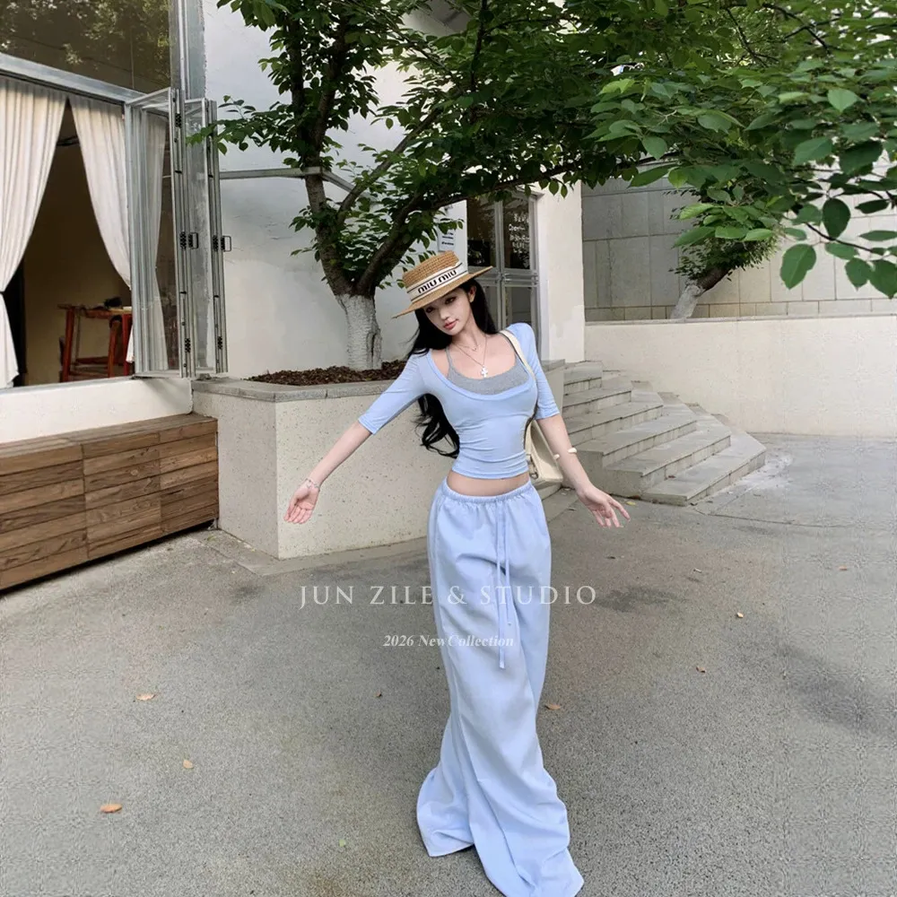 休闲套装女装夏修身半袖T恤上衣挂脖吊带背心辣妹宽松阔腿裤长裤