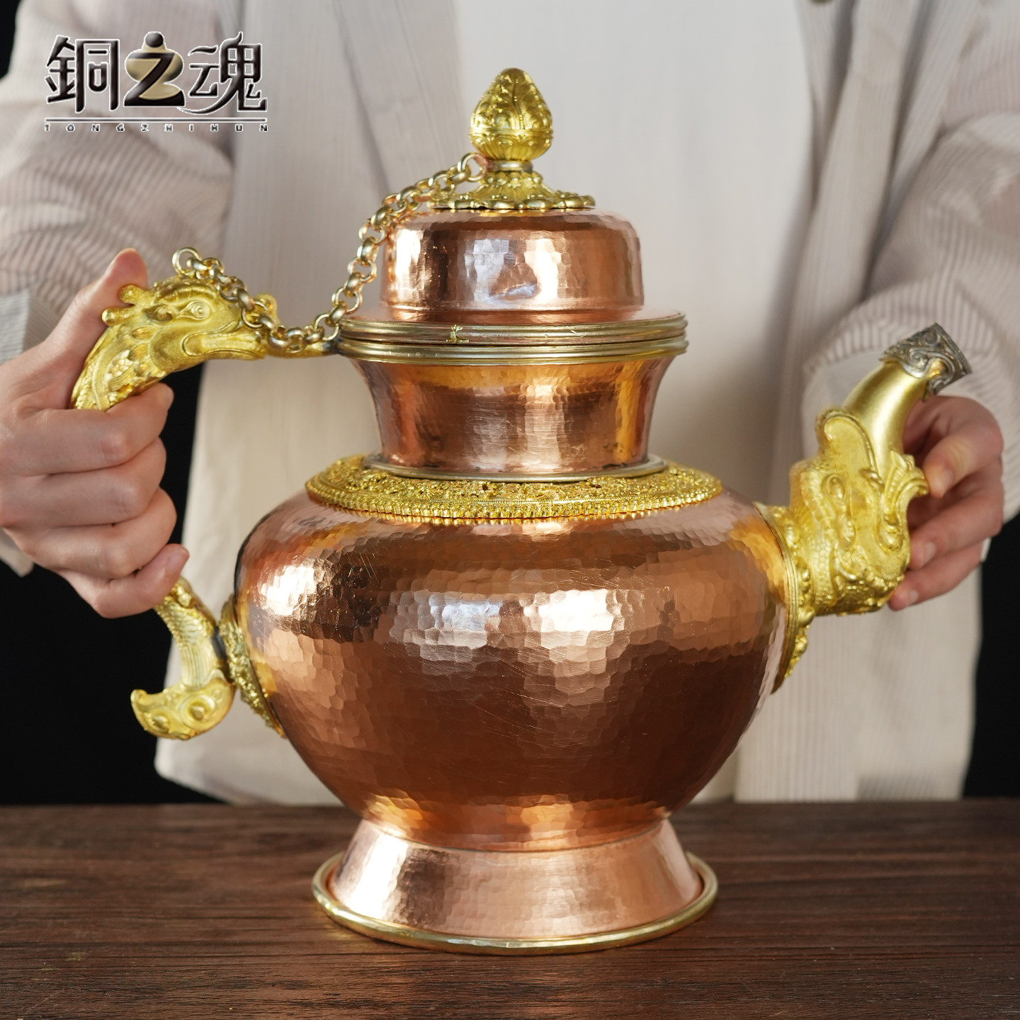 酥油壶纯铜藏式龙壶高端铜壶紫铜茶壶纯手工加厚装饰摆件铜器