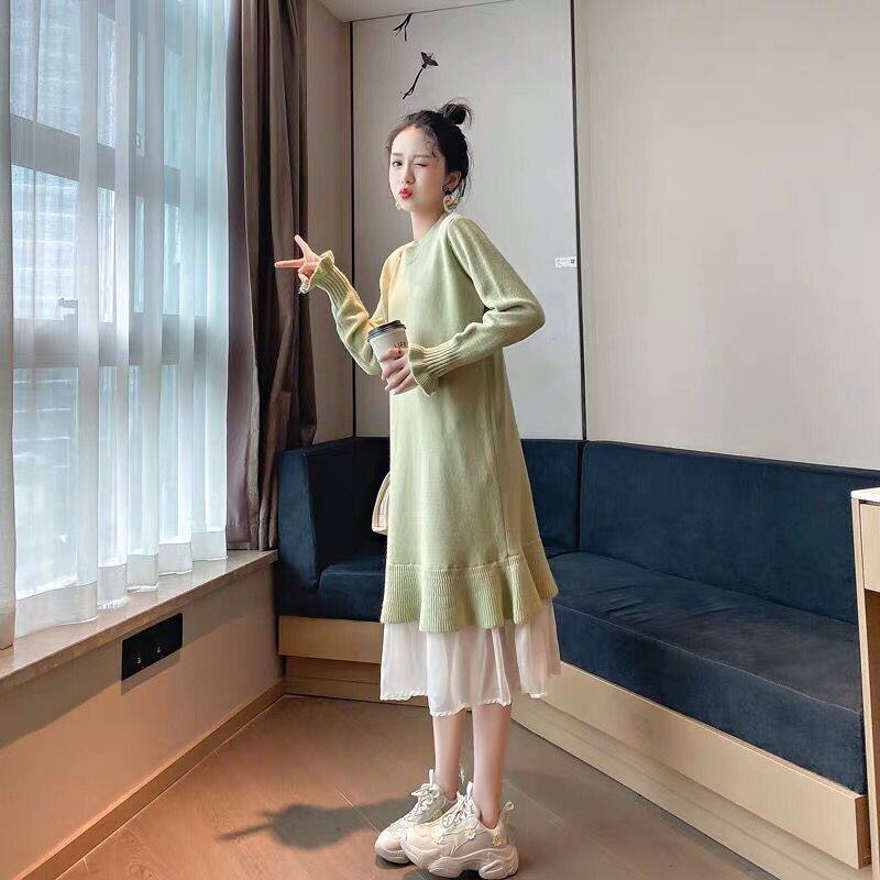 출산복 2023 가을 겨울 새 스타일 스웨터 스커트 인터넷 연예인 트렌드 엄마 중간 길이 루즈한 대형 여성 투피스 세트