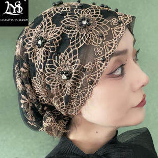头巾帽鱼尾钉珠流苏包头帽盖头女回族帽子新款刺绣双层纱巾遮发帽