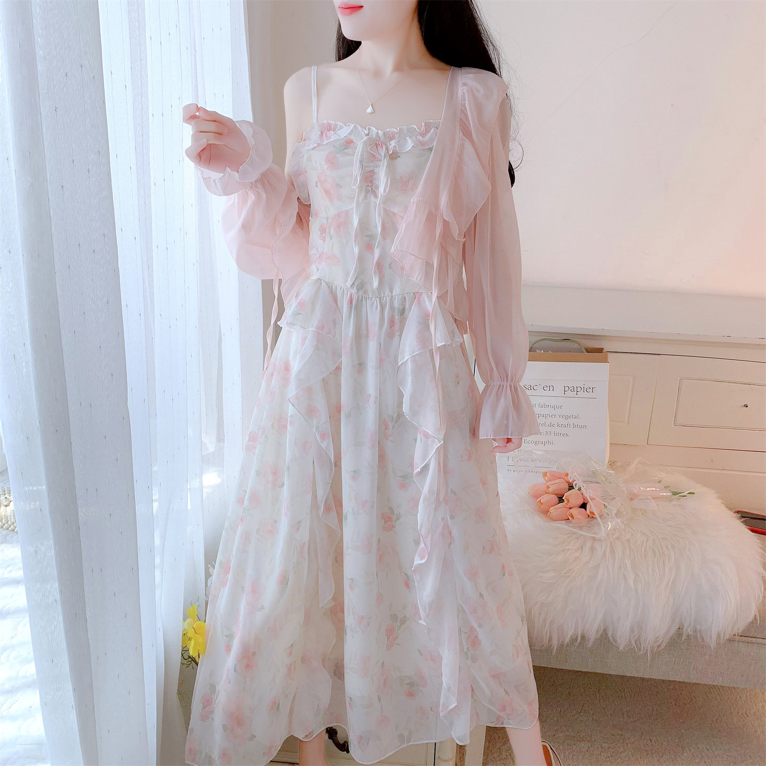 高级感甜美雪纺碎花长裙2