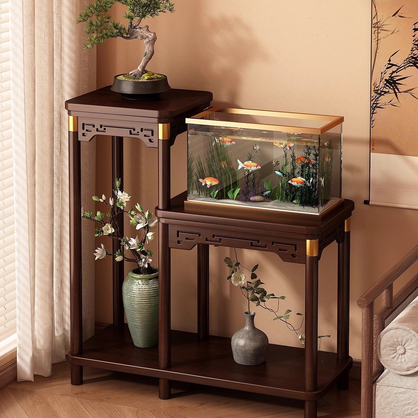 实木中式博古架茶室小型鱼缸架客厅落地式置物架室内高级感花架子