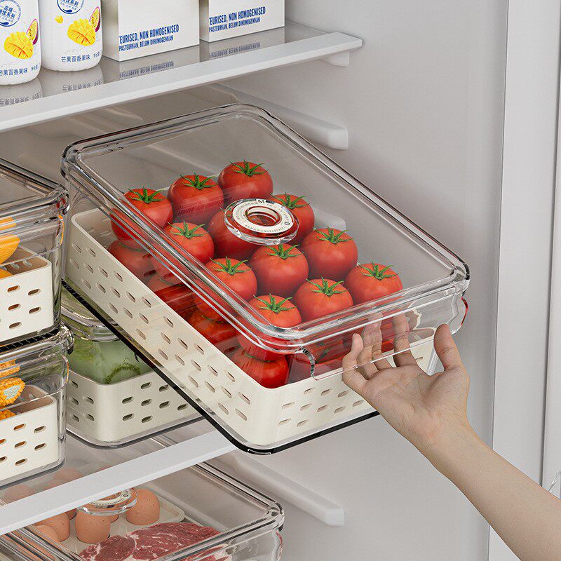 厨房冰箱收纳盒长方形塑料沥水保鲜盒水果蔬菜食物密封保鲜盒双层