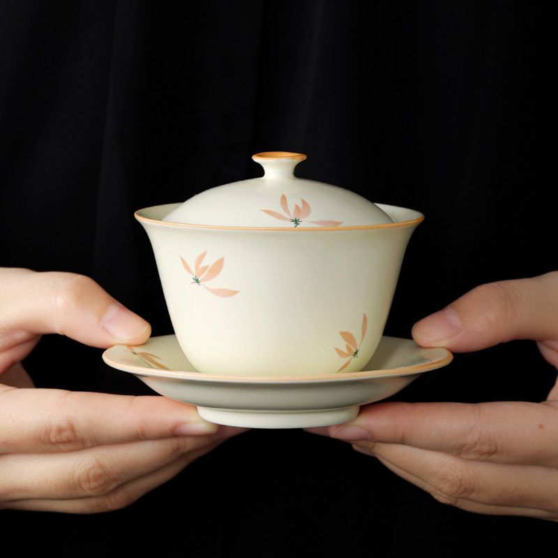 陶瓷米黄定窑兰花三才盖碗茶杯家用单个功夫茶具泡茶碗小茶盏