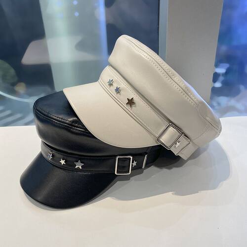 秋季显脸小黑色英伦复古PU皮檐平顶帽男女时尚百搭帅气鸭舌贝雷帽