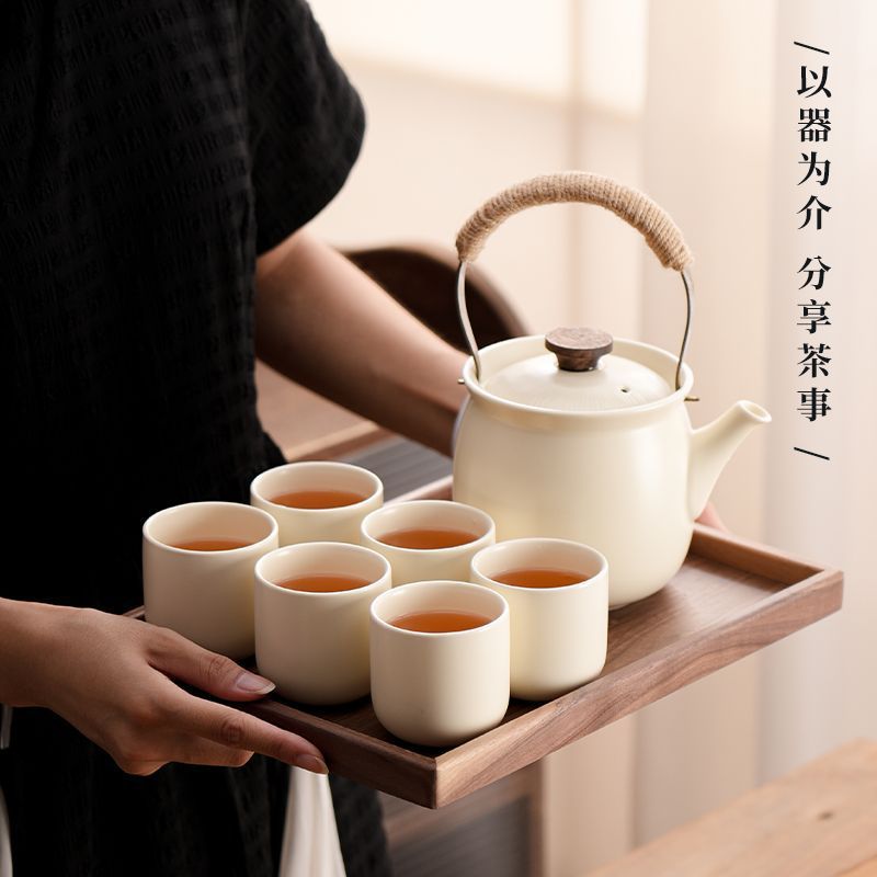 中式陶瓷水具北美胡桃木托盘水杯水壶套装泡茶凉可加热耐高温