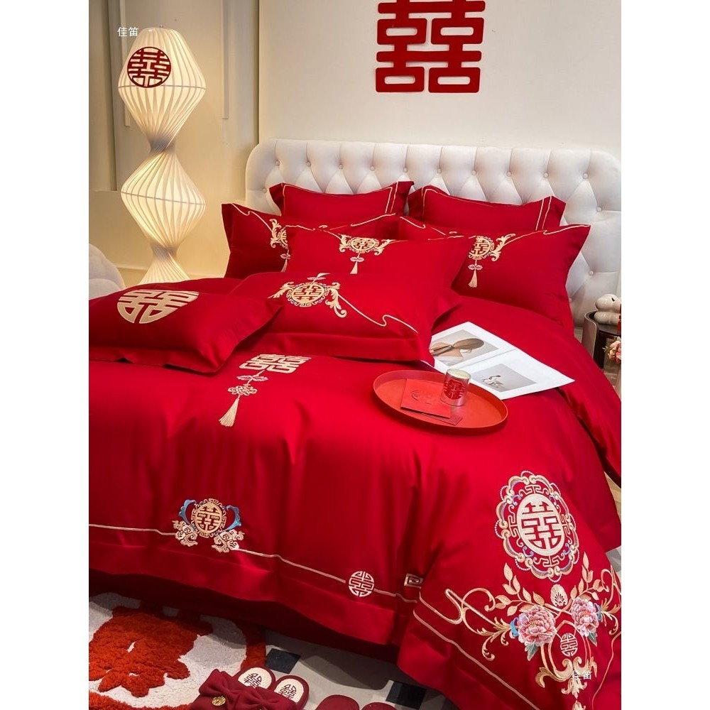 中式结婚四件套大红色婚庆纯棉被套婚房喜被新婚陪嫁床上用品