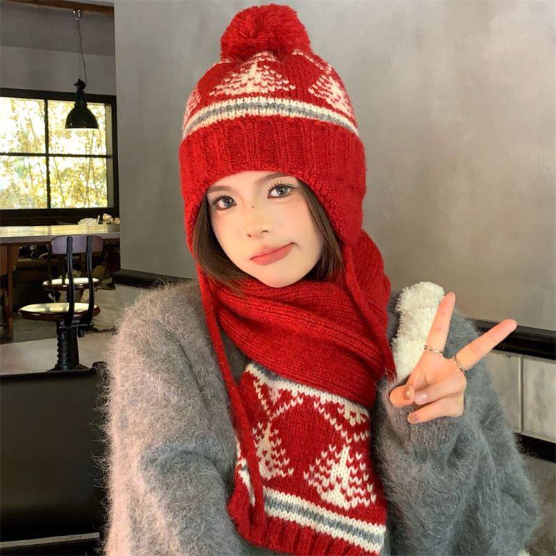 2025女秋冬圣诞树百搭显脸小毛线帽保暖护耳冷帽针织帽围巾两件套