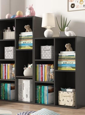 W8黑色格子柜书架书柜自由组合落地家用收纳置物柜储物柜木质小柜