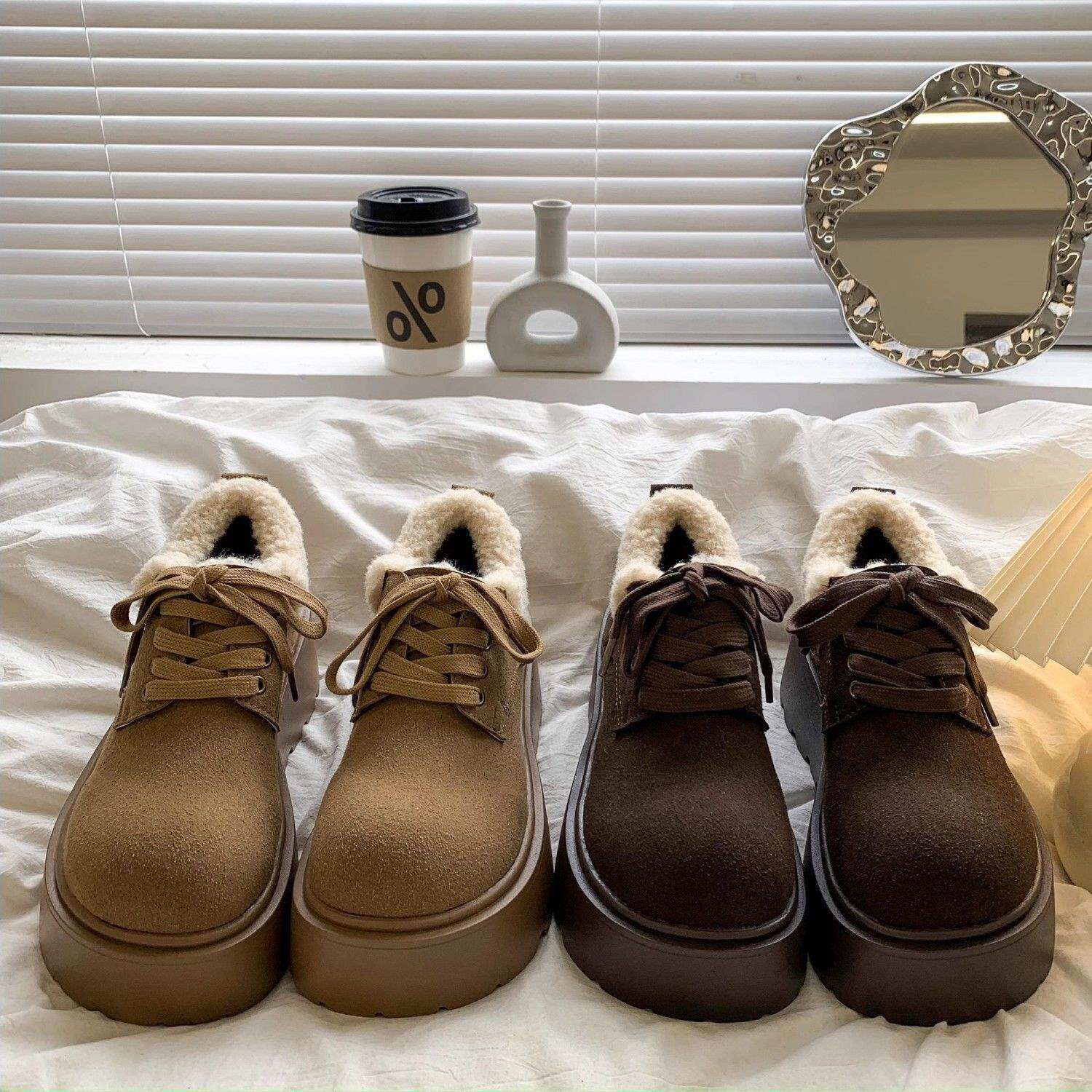 小个子厚底松糕棉鞋女2025年冬季加绒加厚保暖系带休闲勃肯鞋