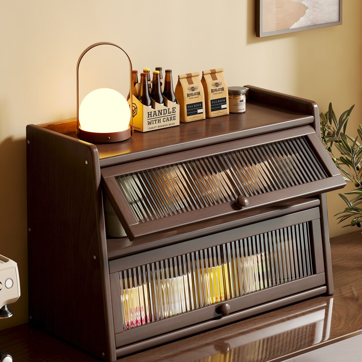 桌面杯子置物架翻门收纳柜茶具展示柜子厨房水杯杯架餐具储物柜木