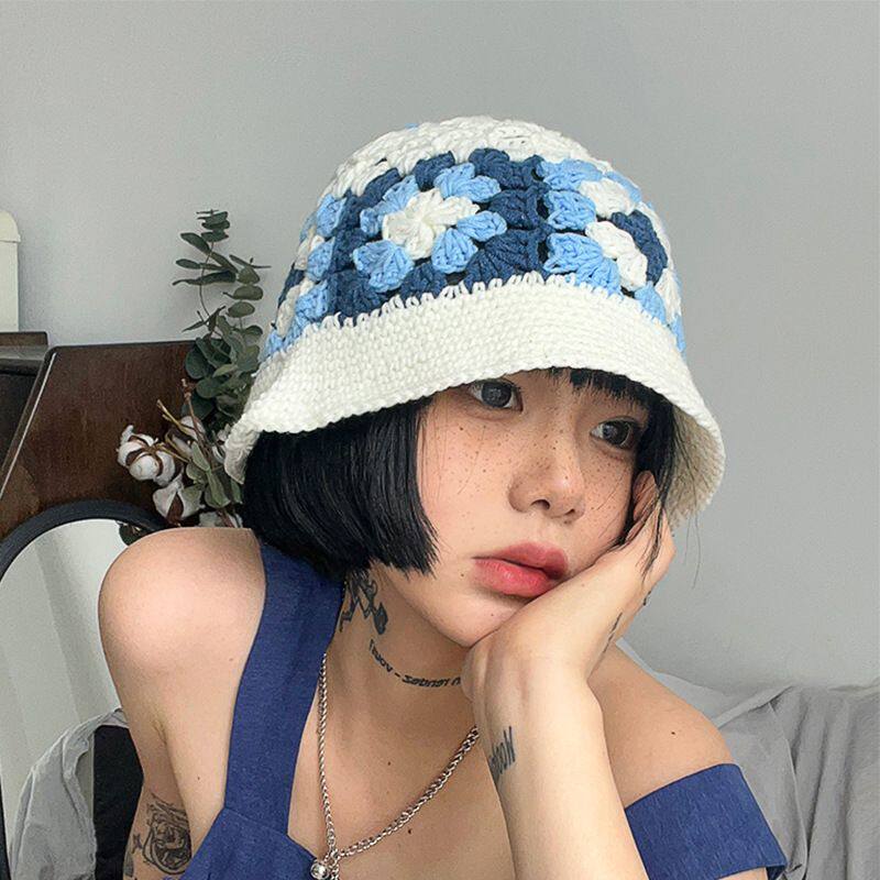 设计感花朵渔夫帽显脸小钩针镂空水桶帽女针织盆帽大头围毛线帽