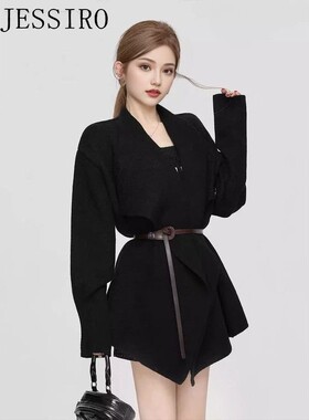 韩系设计不规则收腰黑色外套女气质宽松长袖翻领厚版开衫