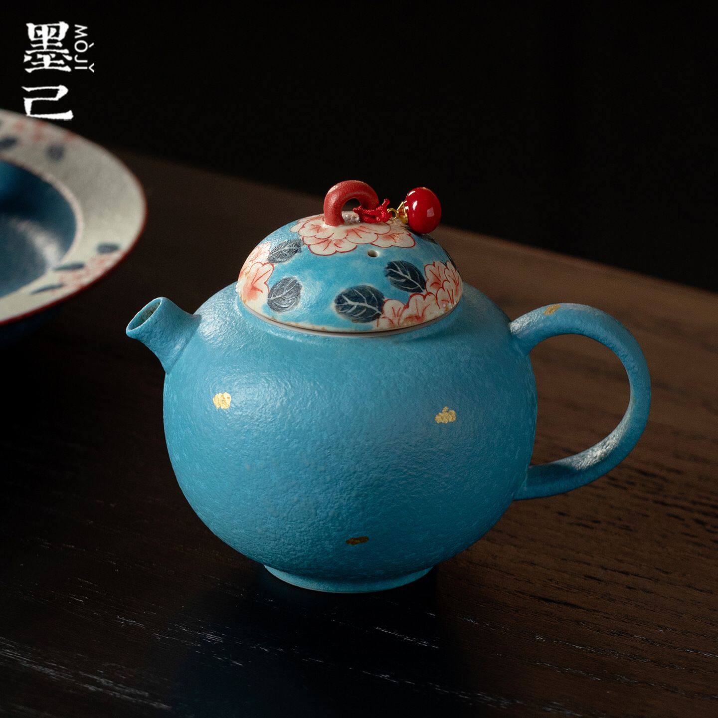 墨己火石红雾凇蓝手绘丹蕊花窗家用陶瓷茶壶圆满壶功夫茶具小壶