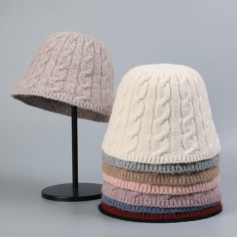 羊毛混纺2025新款毛线针织渔夫帽麻花日系显脸小水桶帽盆帽