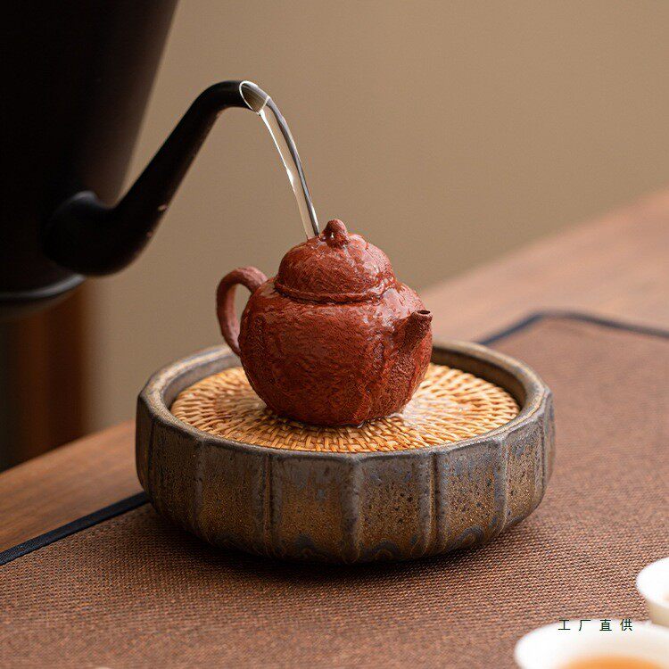 储水壶承藤编垫养壶日式干泡台单层小茶盘粗陶瓷盖碗底托复古茶具