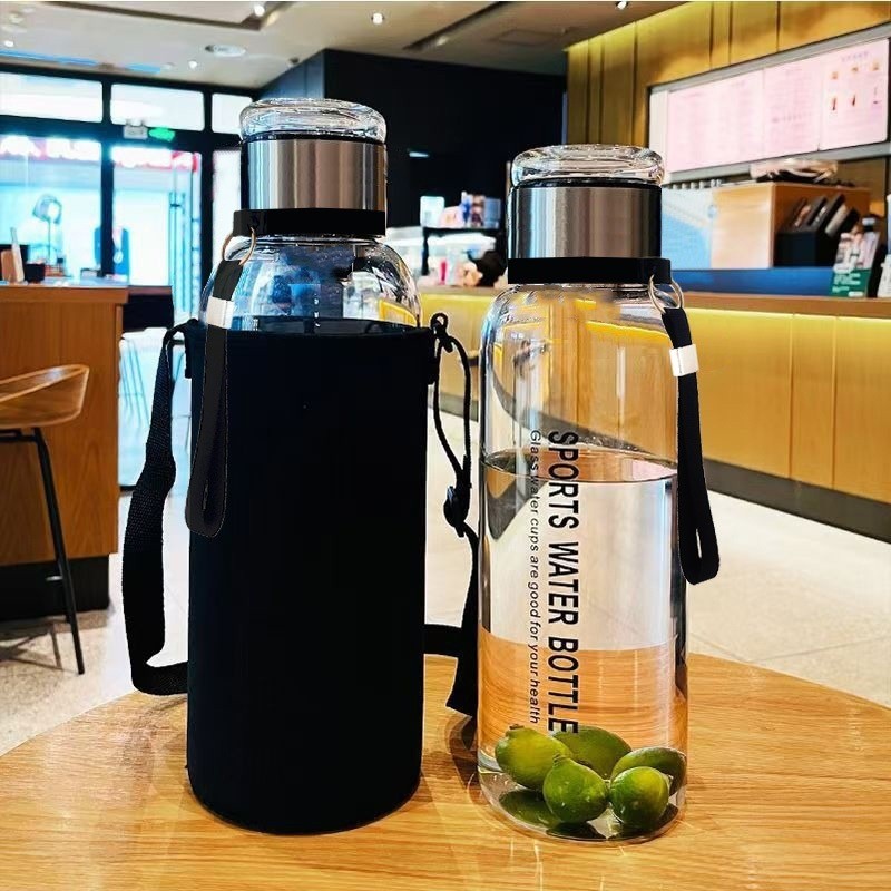 1000ml超大容量玻璃杯茶水分离杯背带式便携水杯高颜值冷水壶简约