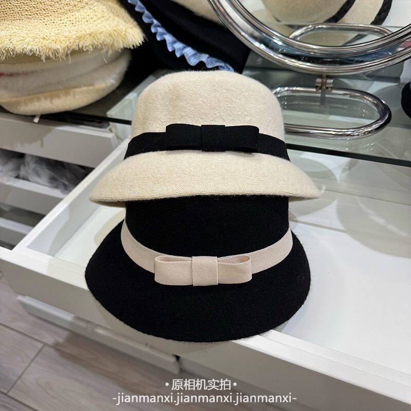 经典黑白色千金蝴蝶结渔夫帽女春秋冬羊毛呢赫本风名媛优雅礼帽