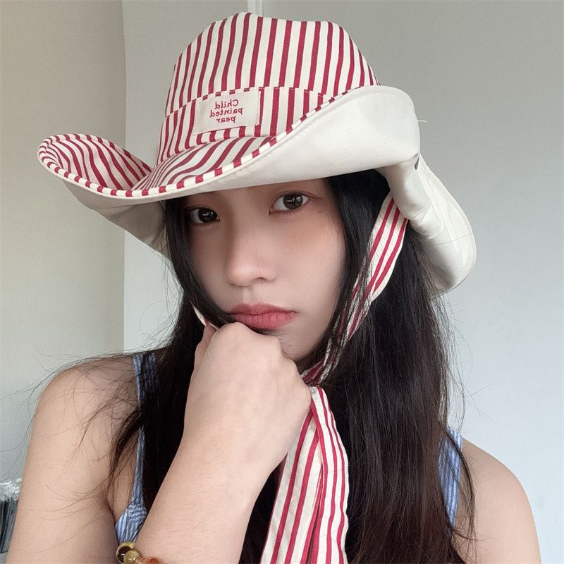 韩版ins清新条纹休闲大檐防晒渔夫帽两戴系带防风登山遮阳盆帽女