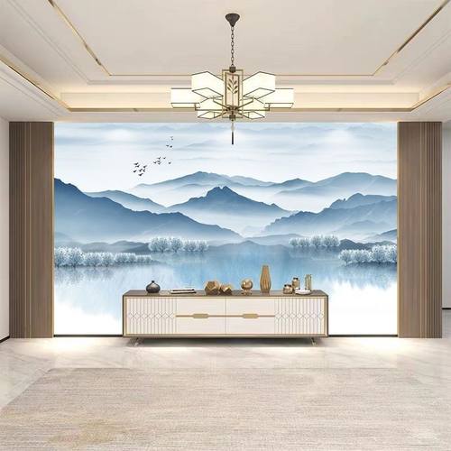 钉制新中式水墨山水意境8D立体现代壁布客厅沙发影视墙布无缝壁画
