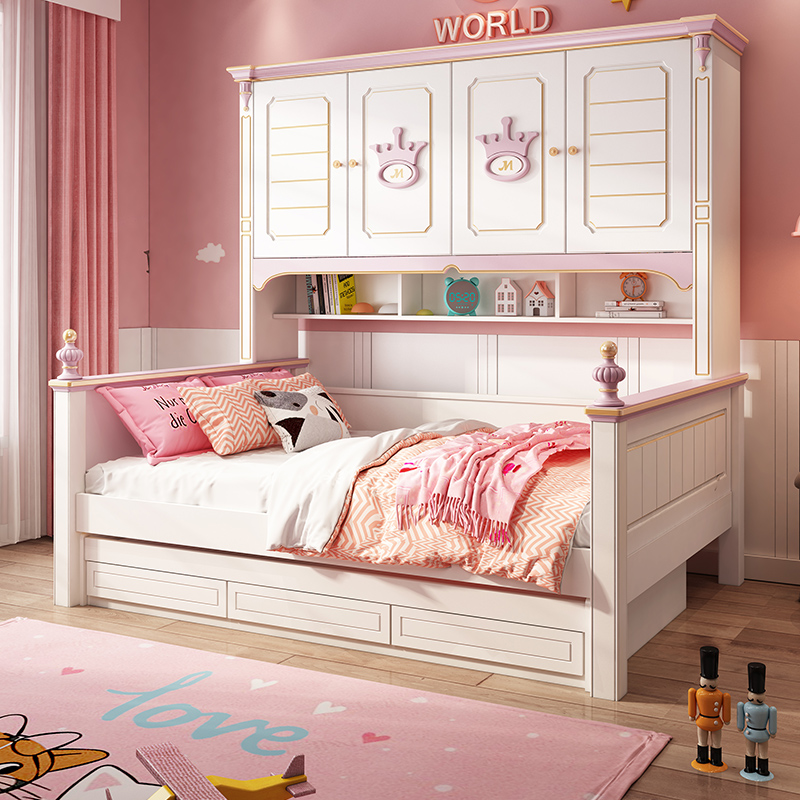 儿童衣柜床一体女孩粉色公主床书架床小户型省空间多功能组合家用