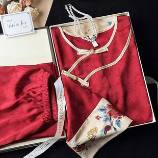 宫廷风古代睡衣牡丹红色新中式国风睡衣女长袖春夏季薄款冰丝复古