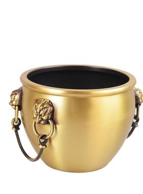 宏达全黄铜大号双环狮头缸办公室玄关铜缸聚宝盆铜器摆件