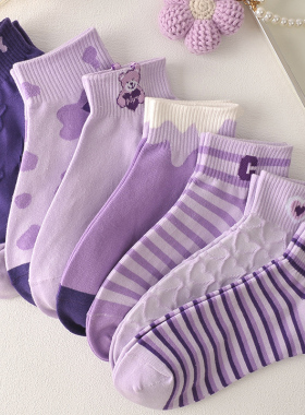 紫色短袜子女短筒浅口立体可爱日系小熊韩式透气运动学院风