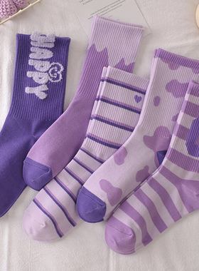 紫色小熊爱心条纹中筒袜子女ins可爱风潮流外穿运动中筒堆堆袜子