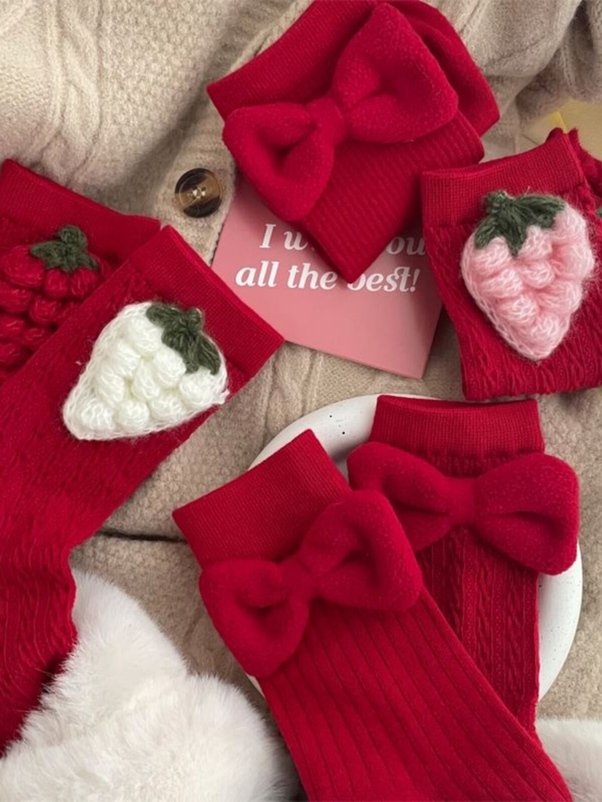 여성용 달콤한 레드 미드 종아리 양말 귀여운 딸기 리본 버건디 새해 동물의 해 인터넷 연예인 트렌드