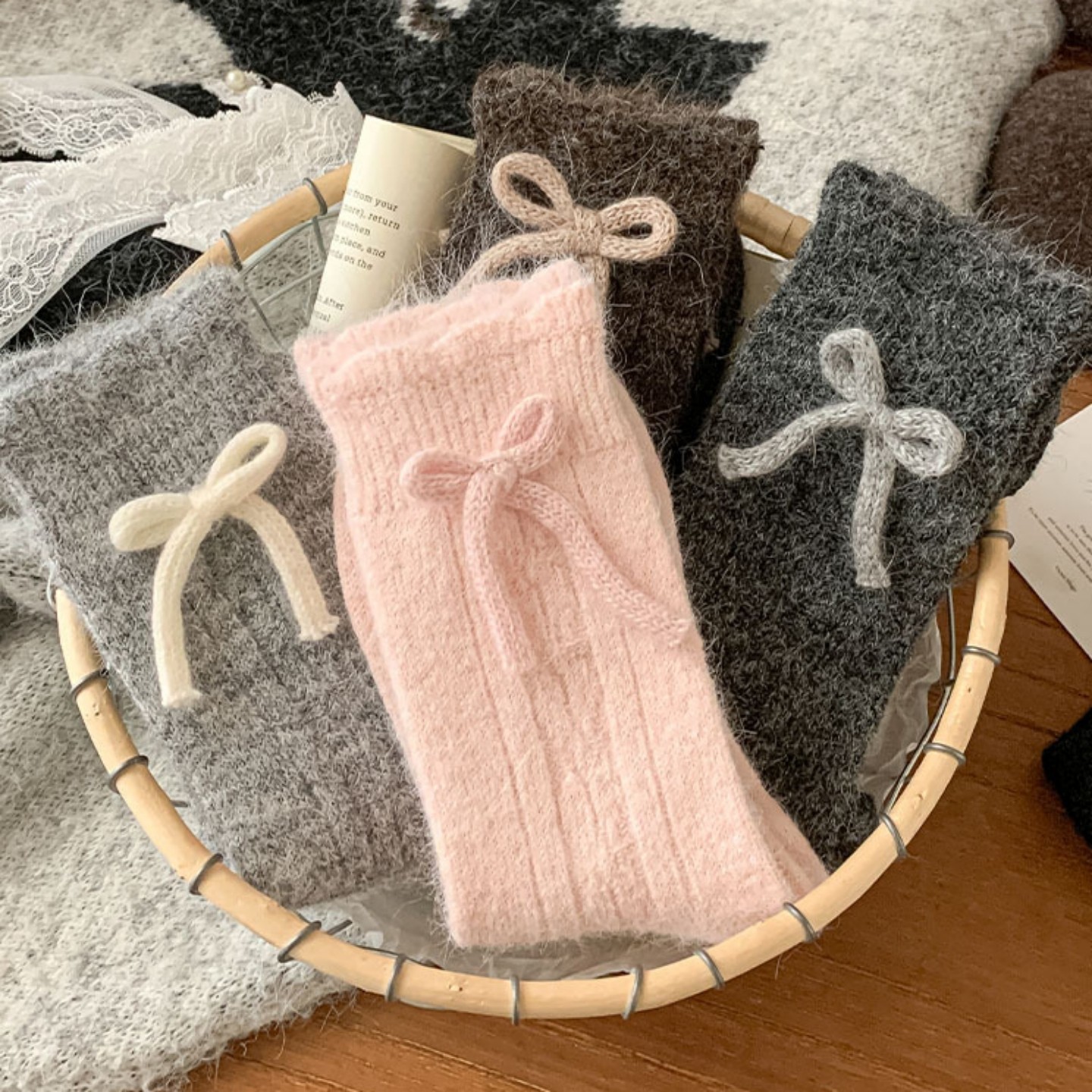 秋冬新款蝴蝶结加厚保暖羊毛中筒袜女粉色可爱冬天毛绒花边堆堆袜,女士内衣/男士内衣/家居服,中筒袜,淘宝优惠券,粉丝福利购,淘宝优惠卷