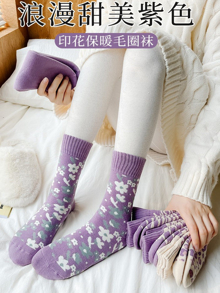 여성용 겨울 보라색 스타킹 두꺼운 벨벳 따뜻한 수면 가을 겨울 입이 헐렁한 종아리 양말 가을 겨울